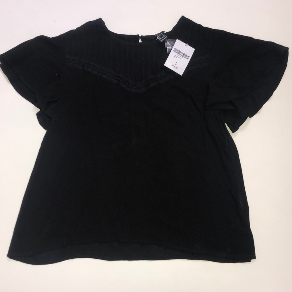 Forever 21 Womens Blouse Size L Lace Detail Short Sleeve Black Top Basic New